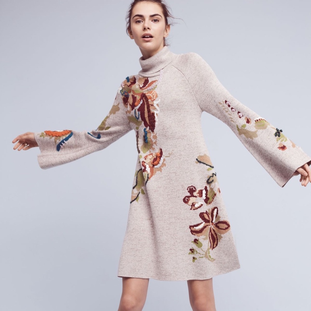 Anthropologie Cream Turtleneck Sweater Dress with Multicolor Floral Embroidery